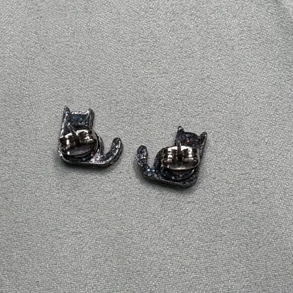 Cat Earrings Black and Glitter Acrylic Post Earrings Cute!! Black Cat - Picture 4 of 4